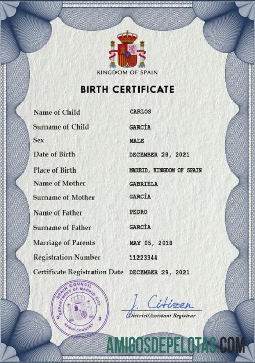 Realista modelo PSD de certidão de nascimento de registro vital da Espanha, totalmente editável